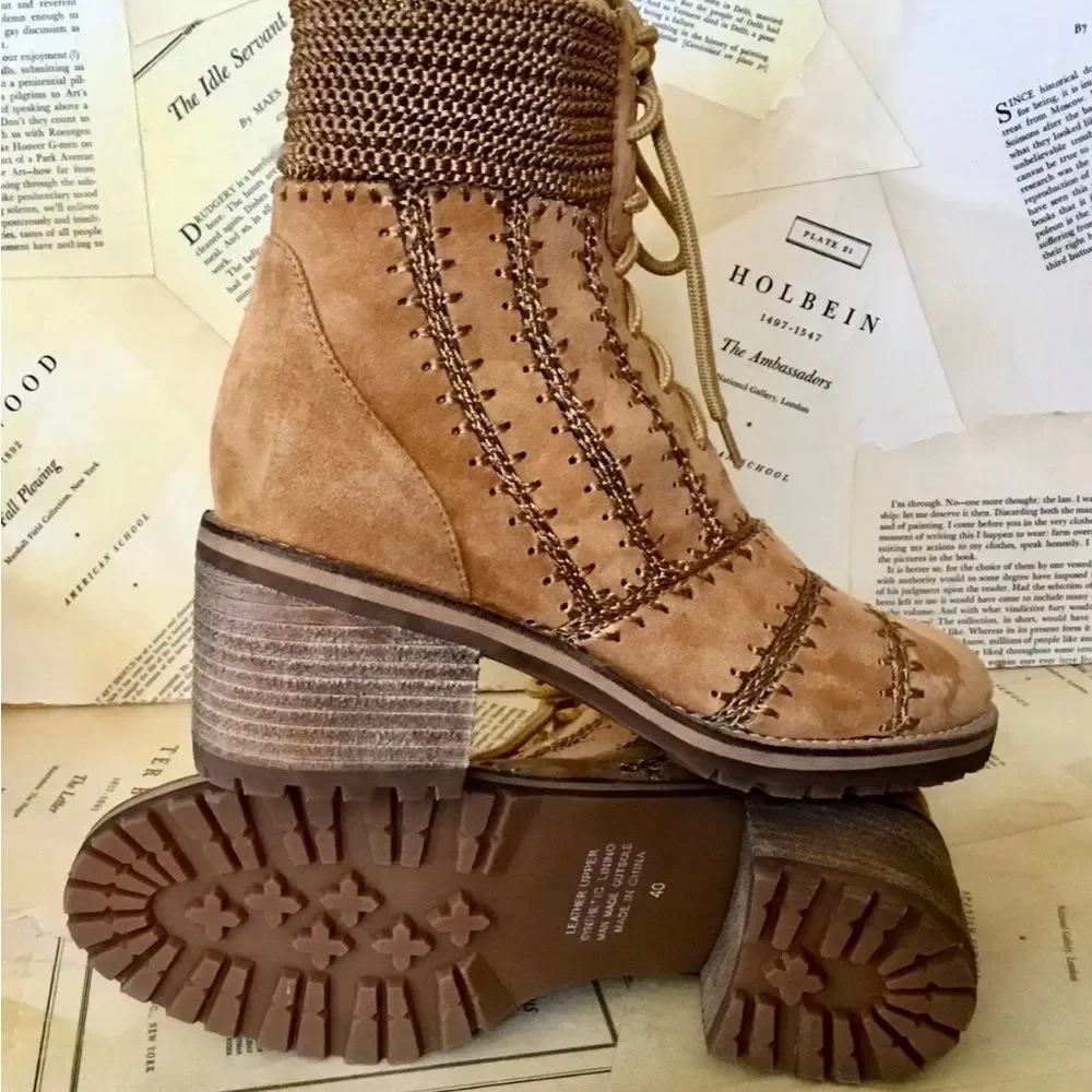 Anthropologie Silent D Bestie Bootie Honey Macramé Trim Lace Up Tan - Picture 10 of 12